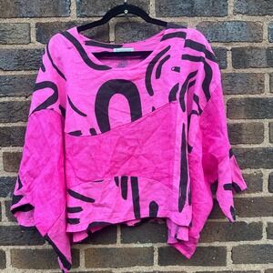 Italian Linen Art Top Transparente Pink Black Abstract Oversized Made Italy